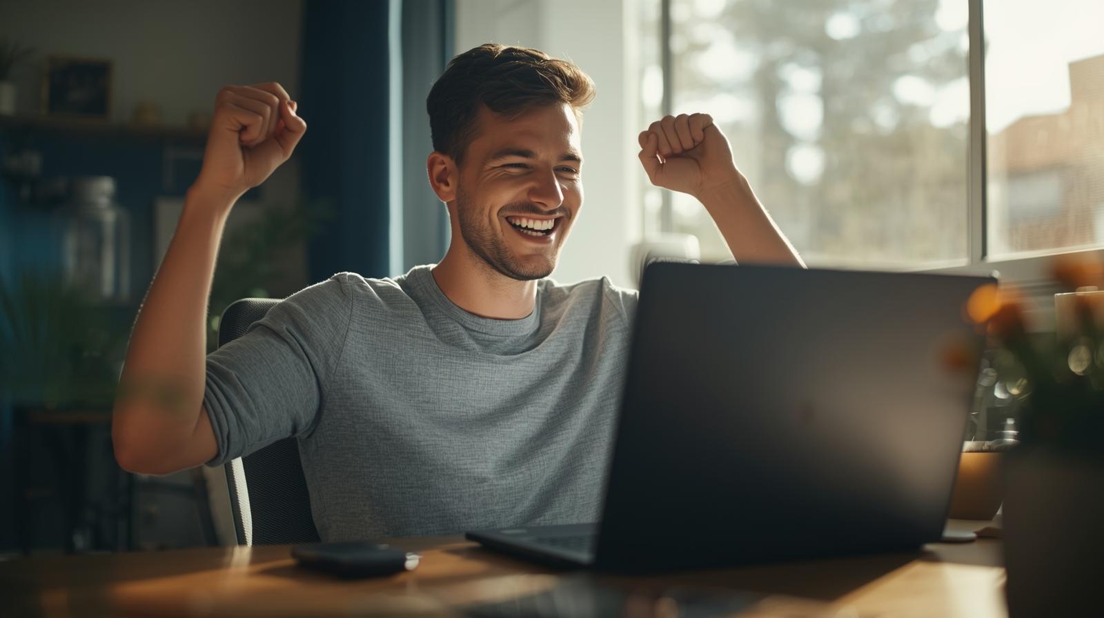 Happy man celebrating online casino win at home using laptop, bright mood.