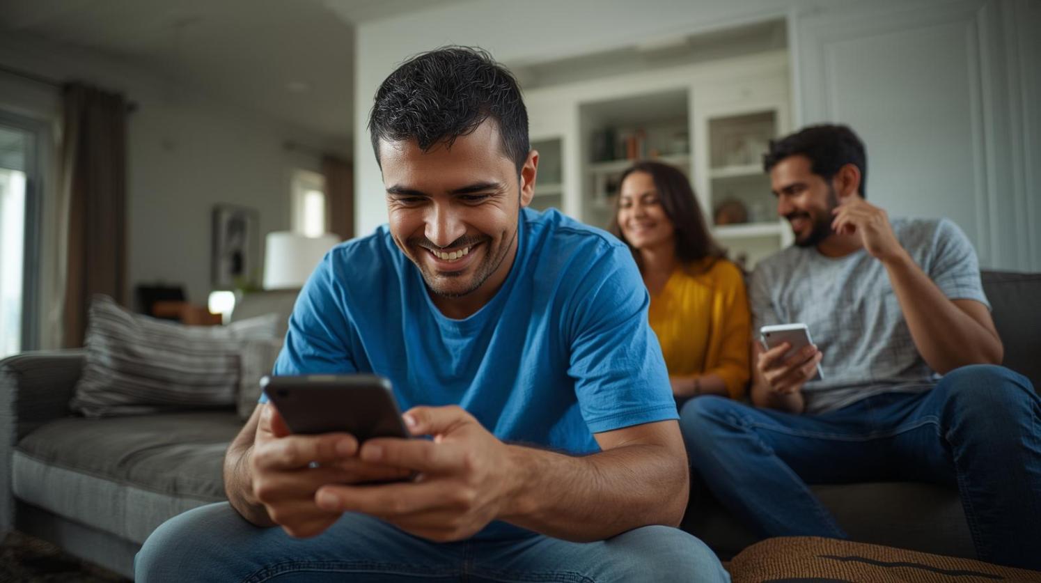 Brazilian family enjoying digital entertainment together in bright modern living room setting