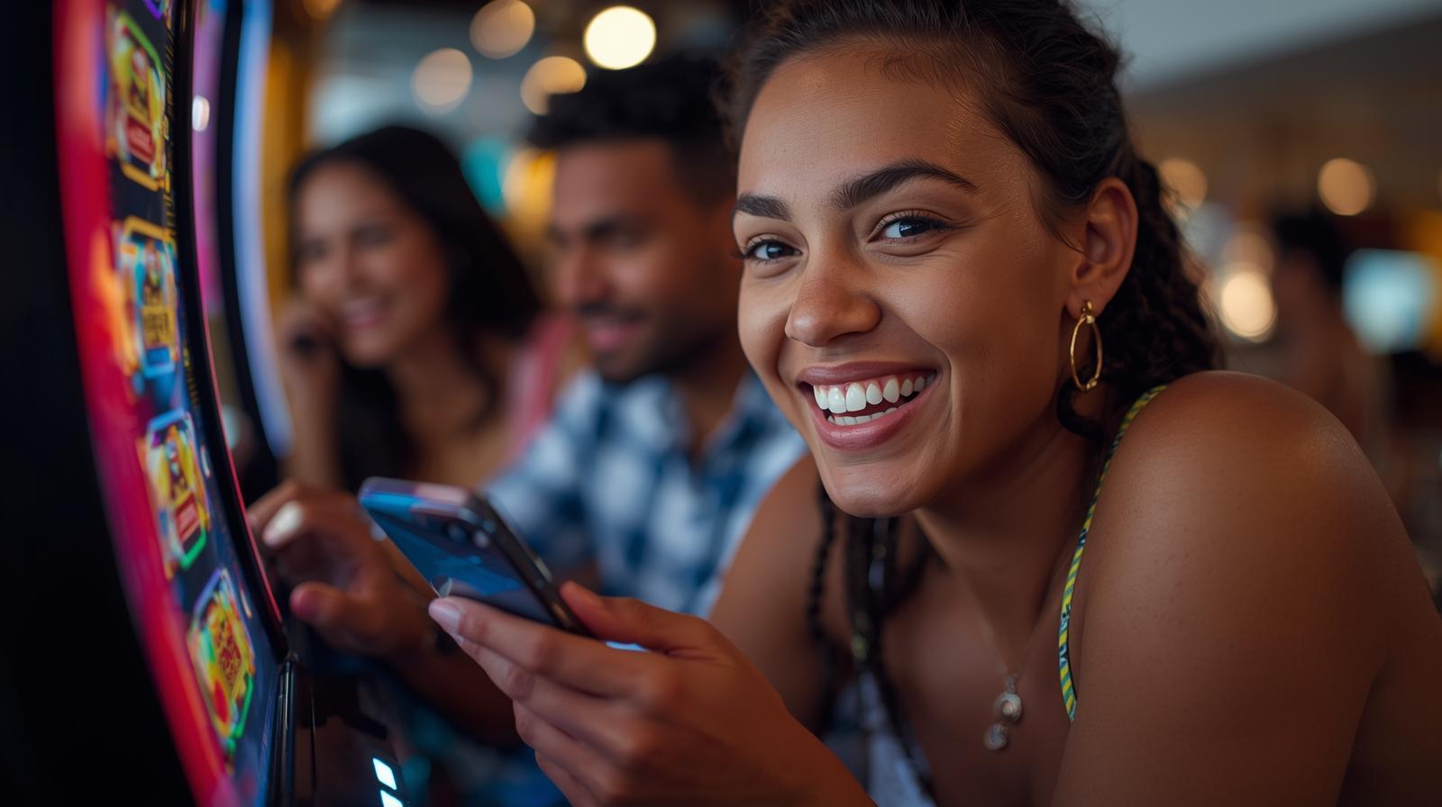 Happy Brazilian player enjoying online slot game on mobile device naturally.