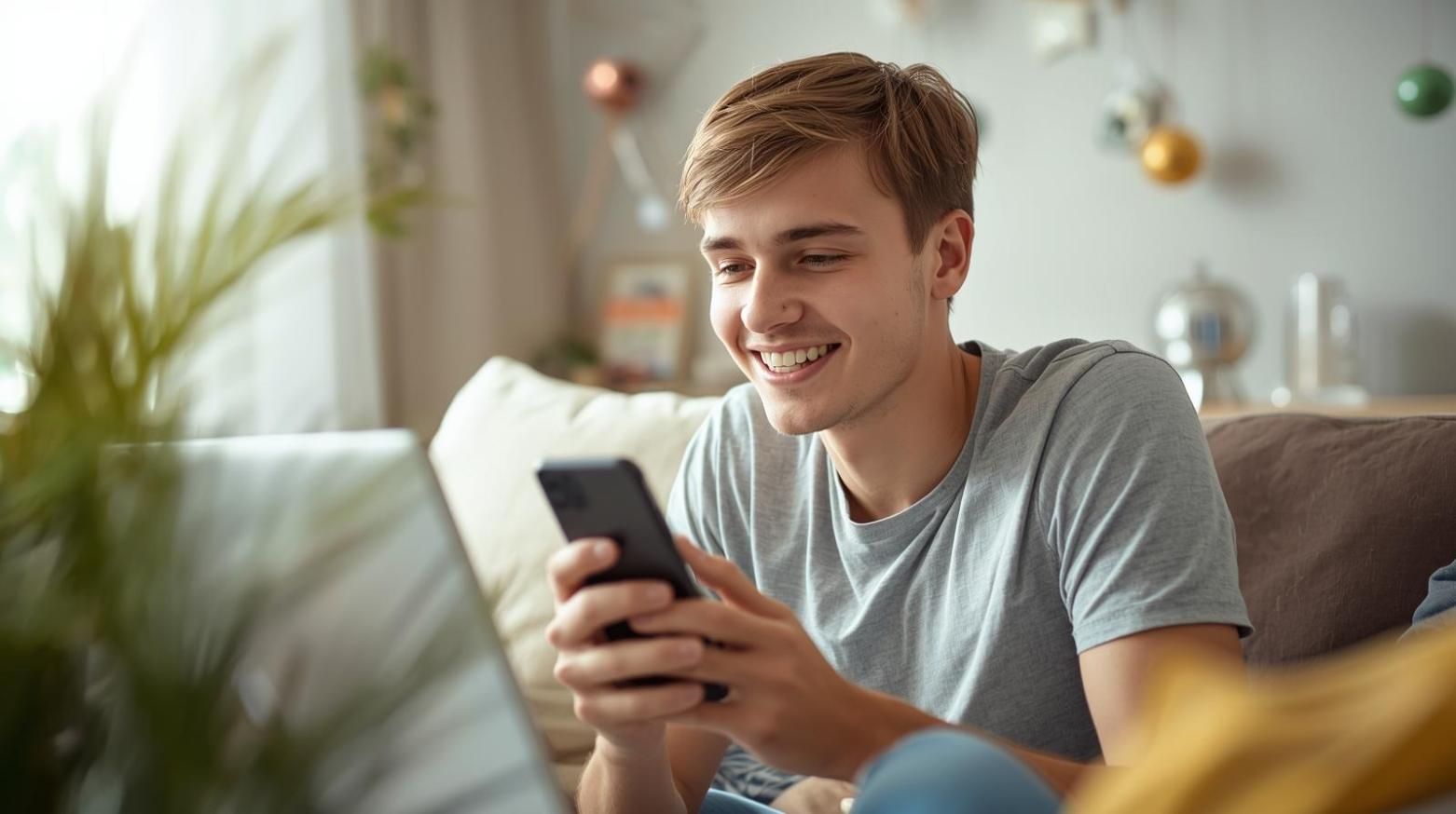 Young adult happily engaging with online games on laptop and smartphone.