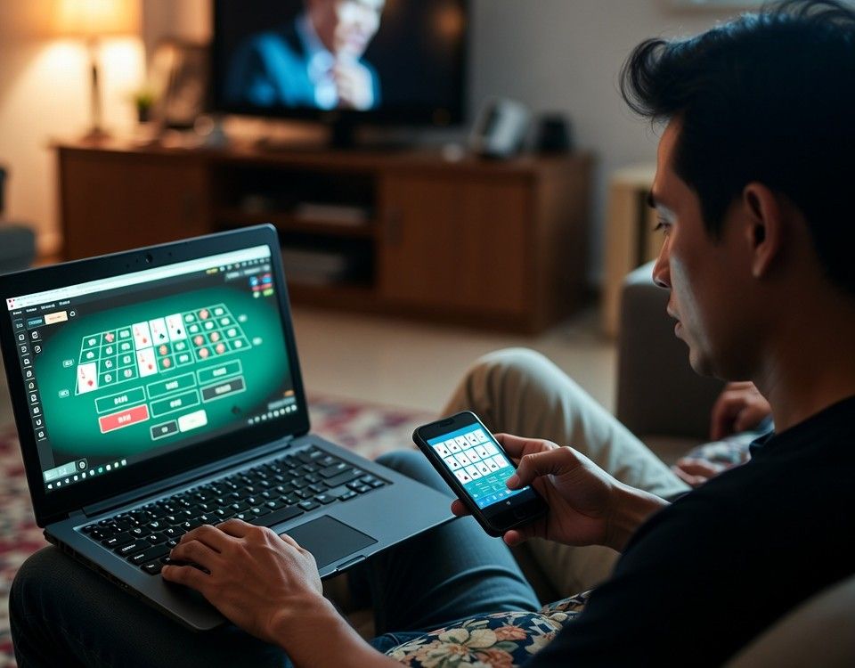 players using laptops and mobile phones to play online casino games at home