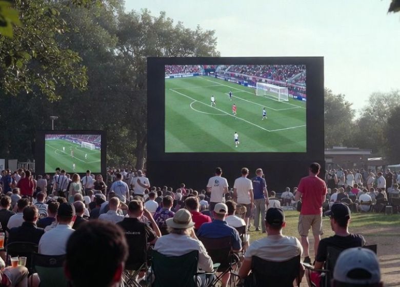 Fans watching EPL on big screens in an outdoor public space.