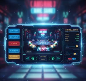 A visually rich casino game interface showcasing dominant blue tones with accents of red, gold, and green, glowing buttons.