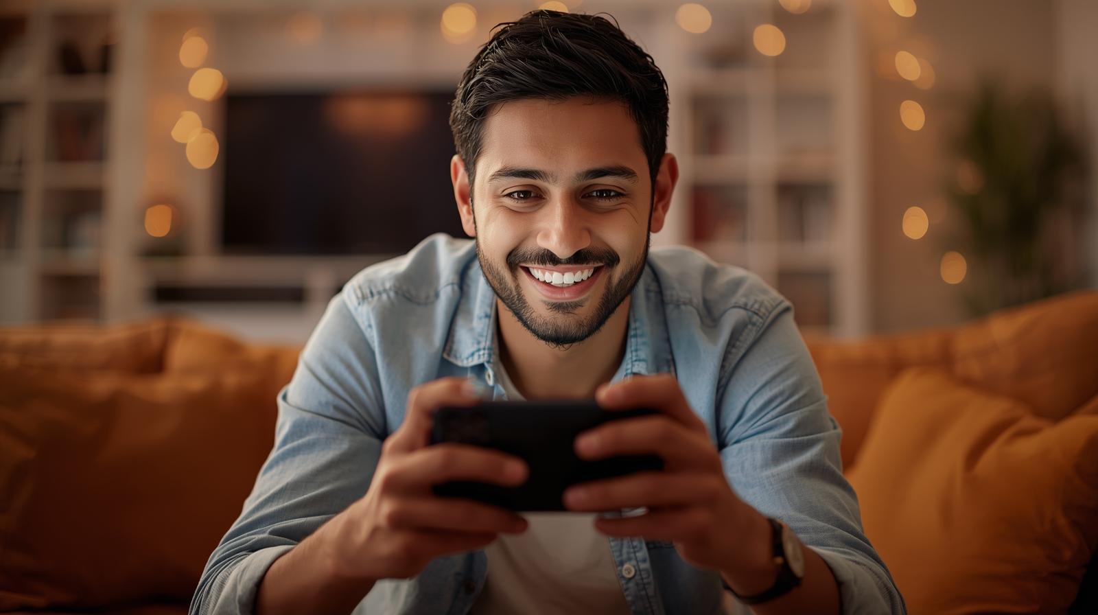 Young adult joyfully gaming on smartphone in lively, bright social setting.