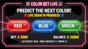 A vibrant digital interface showing color prediction gambling game, glowing red blue green buttons, neon lights, modern online casino entertainment