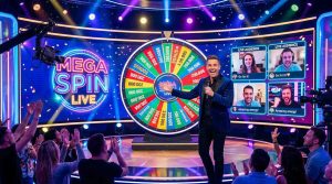 A live casino game show set with a charismatic host, spinning wheel, bright stage lights and digital audience screens