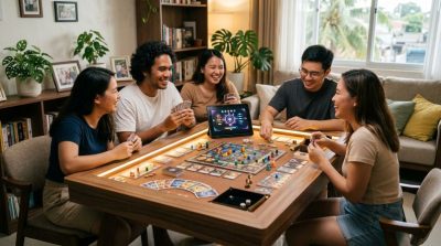 Friends gathered around a modern gaming table with cards, board games, and a tablet showing an abstract game interface